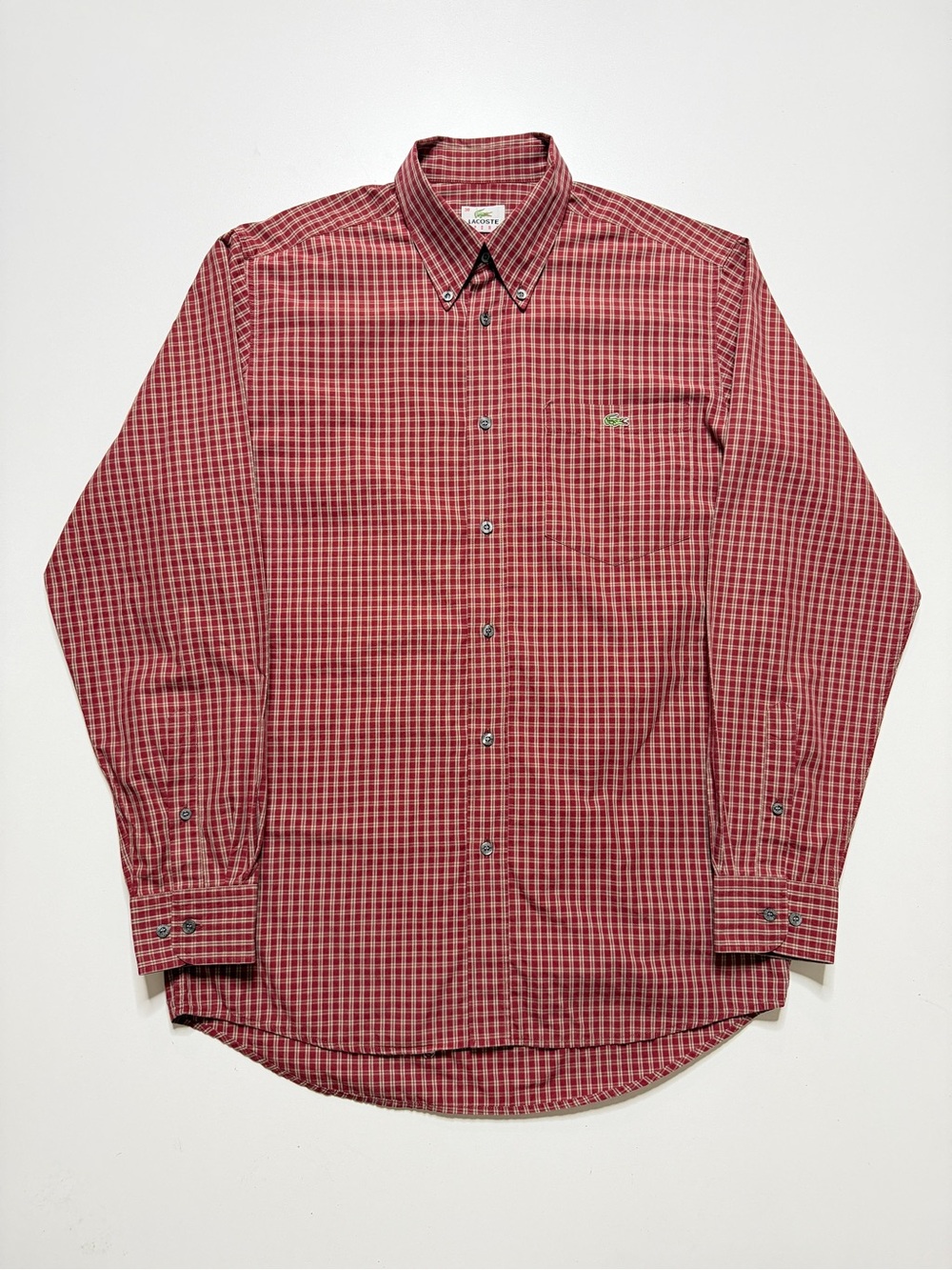 Vintage Lacoste Sport Plaid Long Sleeve Buttonup Shirt Mens 38 Small Red Beige